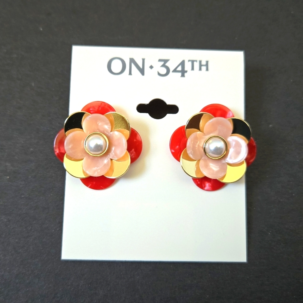ON 34TH Red and Gold Flower Earrings